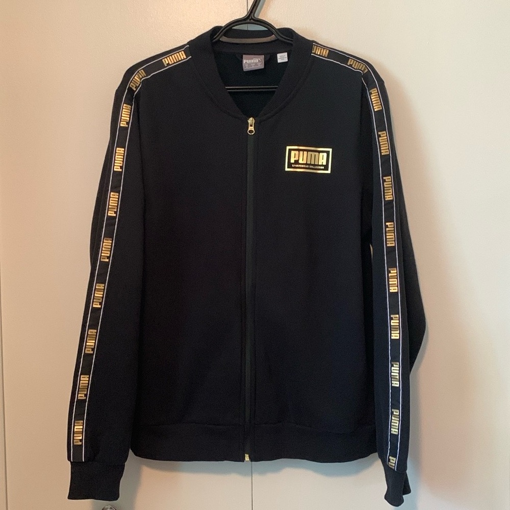 Puma Men’s Black & Gold Branded Sleeves Bomber Jacket Sweater Size Medium